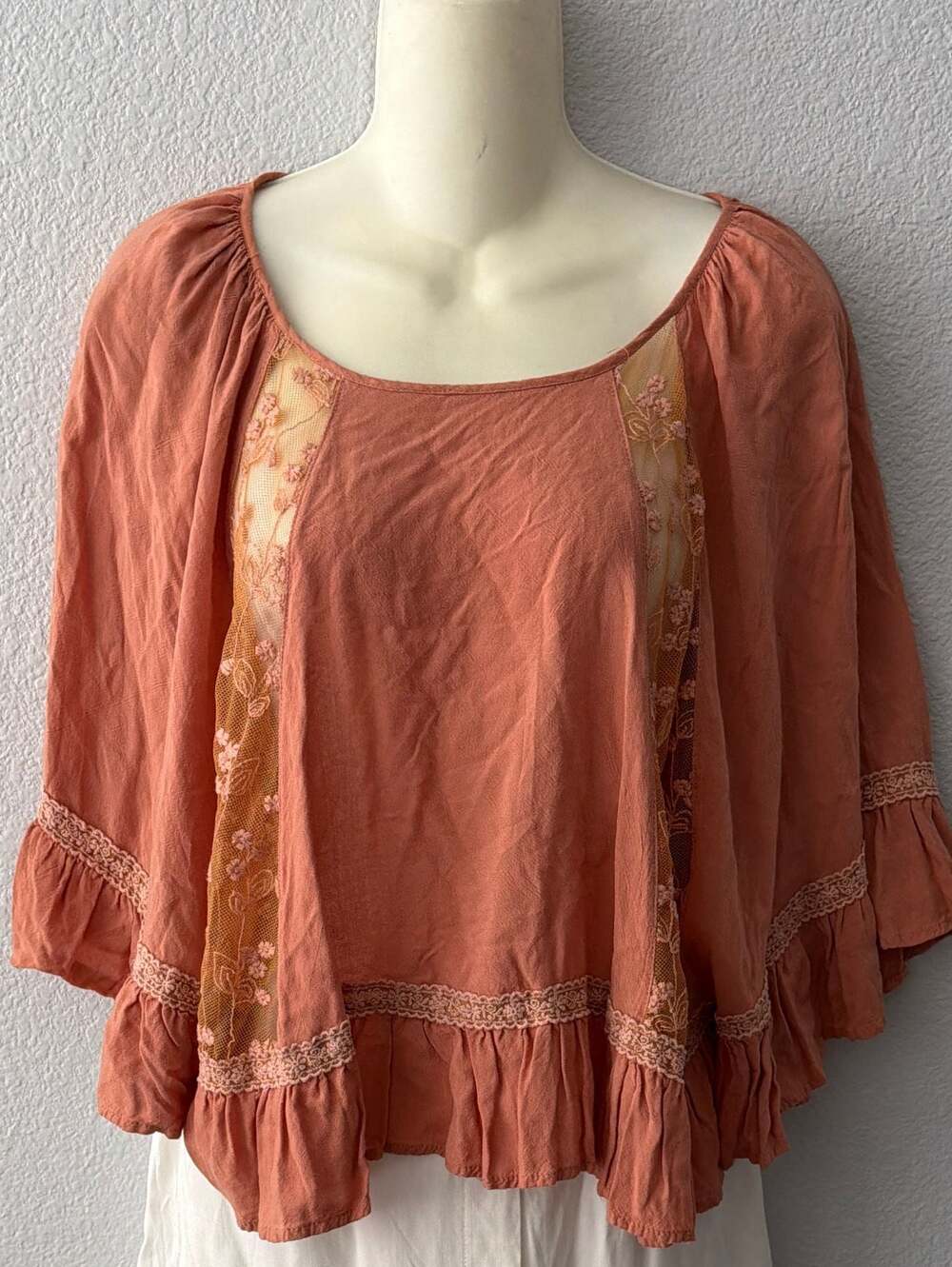 Ezra Boho Embroidered Mesh Lace Ruffle Hem Top in Terracotta